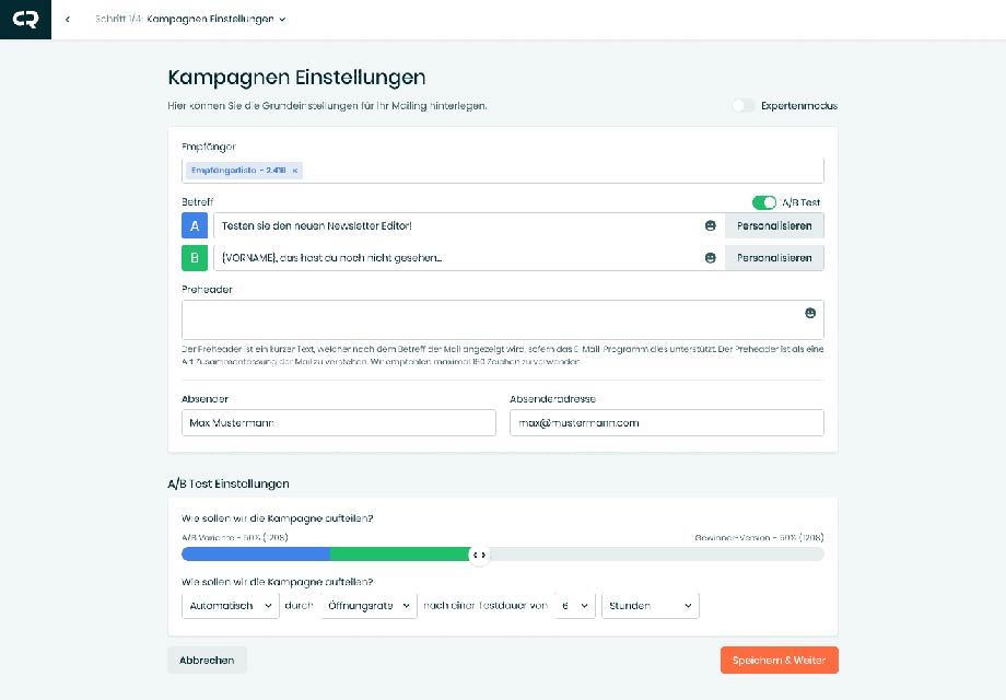 CleverReach Split-Test-Auswertung mit Öffnungsraten zweier Varianten