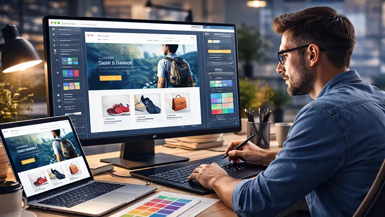 Webdesign Trends 2026 – moderner Arbeitsplatz mit futuristischen Website-Designs auf Bildschirm