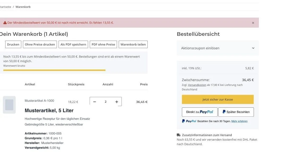 Warenkorb mit roter Meldung, dass der Mindestbestellwert noch nicht erreicht ist