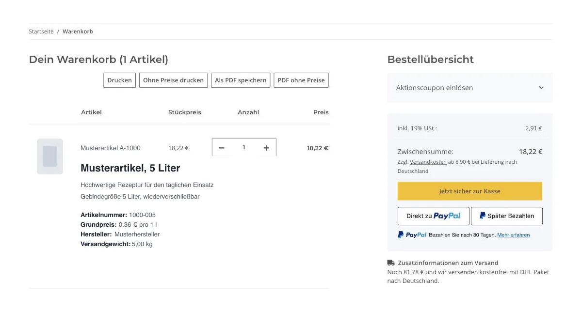 Warenkorb in JTL-Shop 5 mit den vier Schaltflächen zum Drucken und zum Speichern als PDF