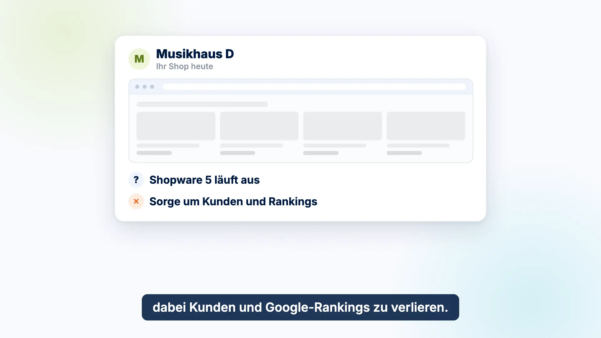Vorschau des Erklärvideos: Ein Beispiel-Musikhaus verkauft noch mit Shopware 5 und fürchtet beim Wechsel Kunden und Google-Rankings zu verlieren.